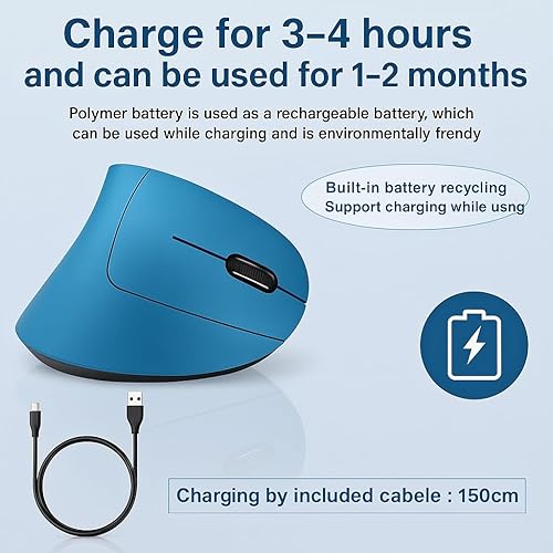 Miniatura 2 de Ratón ergonómico, mouse vertical inalámbrico, 6 botones, 1600 DPI, 2.4G óptico, diseño inalámbrico ergonómico, mouse vertical azul recargable,