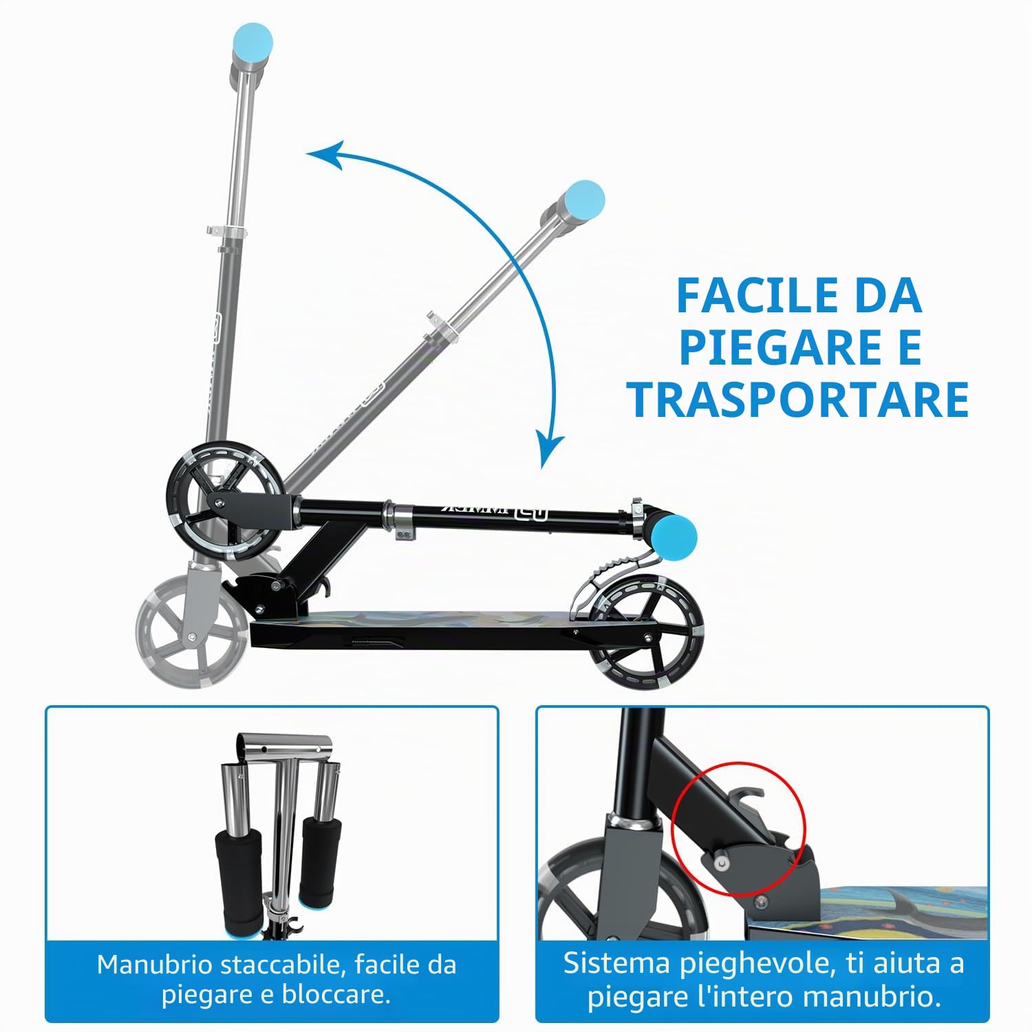 IMMEK Monopattino per Bambini, 2 Ruote Luminose a LED, Pieghevole, Pedale Regolabile in Altezza, per Ragazze e Ragazzi Oltre i 4 Anni, Peso Massimo 80kg