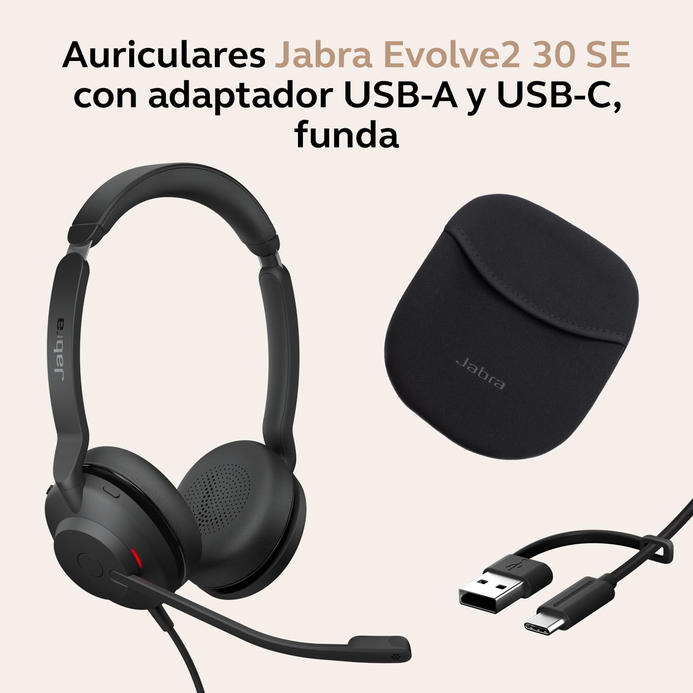 Auriculares supraaurales con cable Jabra Evolve2 30 SE para teléfonos, estéreo, negros, con cancelación de ruido y micrófono.