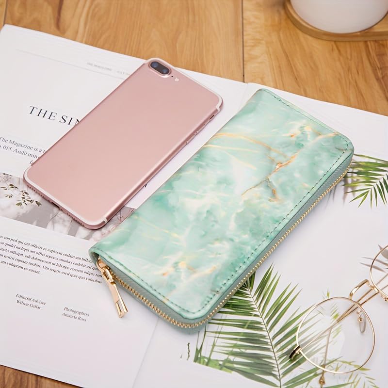 Marble Wallets for Men Women Unisex Fashion Travel Purse Rfid Blocking Clutch PU Leather Clips Cash,Phone,Card,ID Holder Zip Around Wallet (green)2