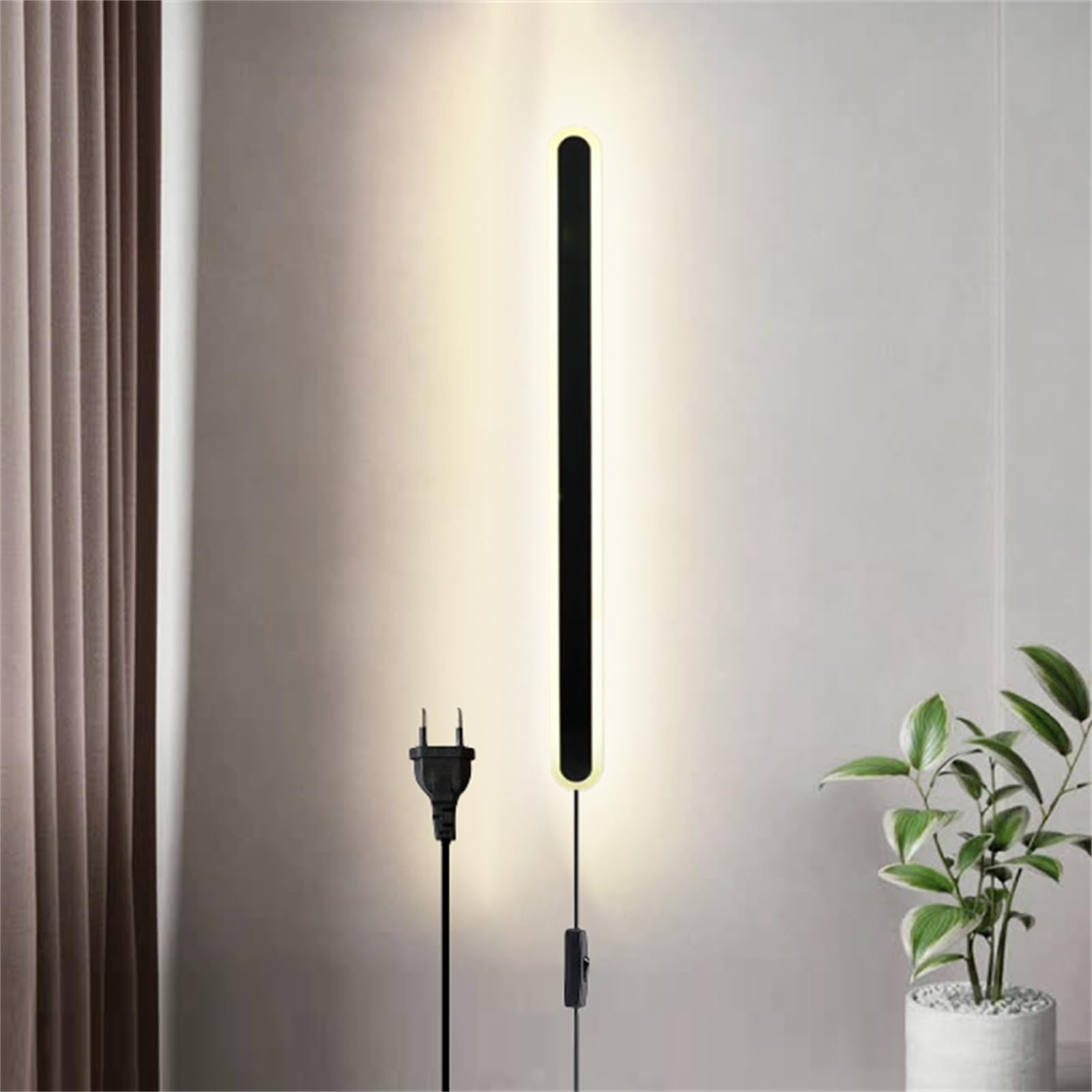TZSMUM Long LED Plug in Wall Light with Switch Indoor Bedroom Wall Lamp Minimalist Acrylic Modern Wall Sconce Black Interior Fixtures Living Room Corridor Study Wall Lightings (Natural Light,30CM)