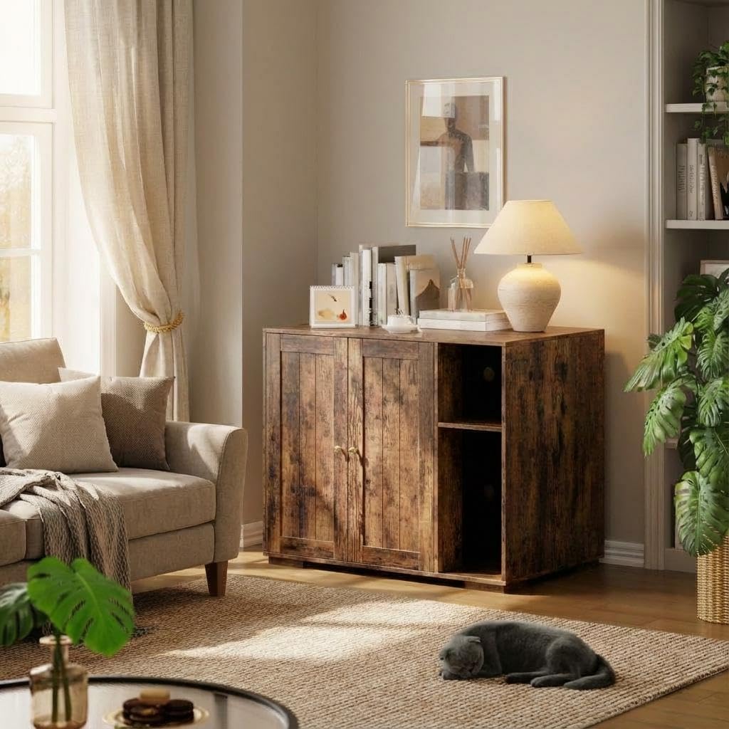 Extra Large Cat Litter Box Furniture Enclosure, Dog Proof Hidden Cabinet for Self Cleaning Litter Box, Modern Indoor Cat House with Power Outlet,Waste Collector and Side Table