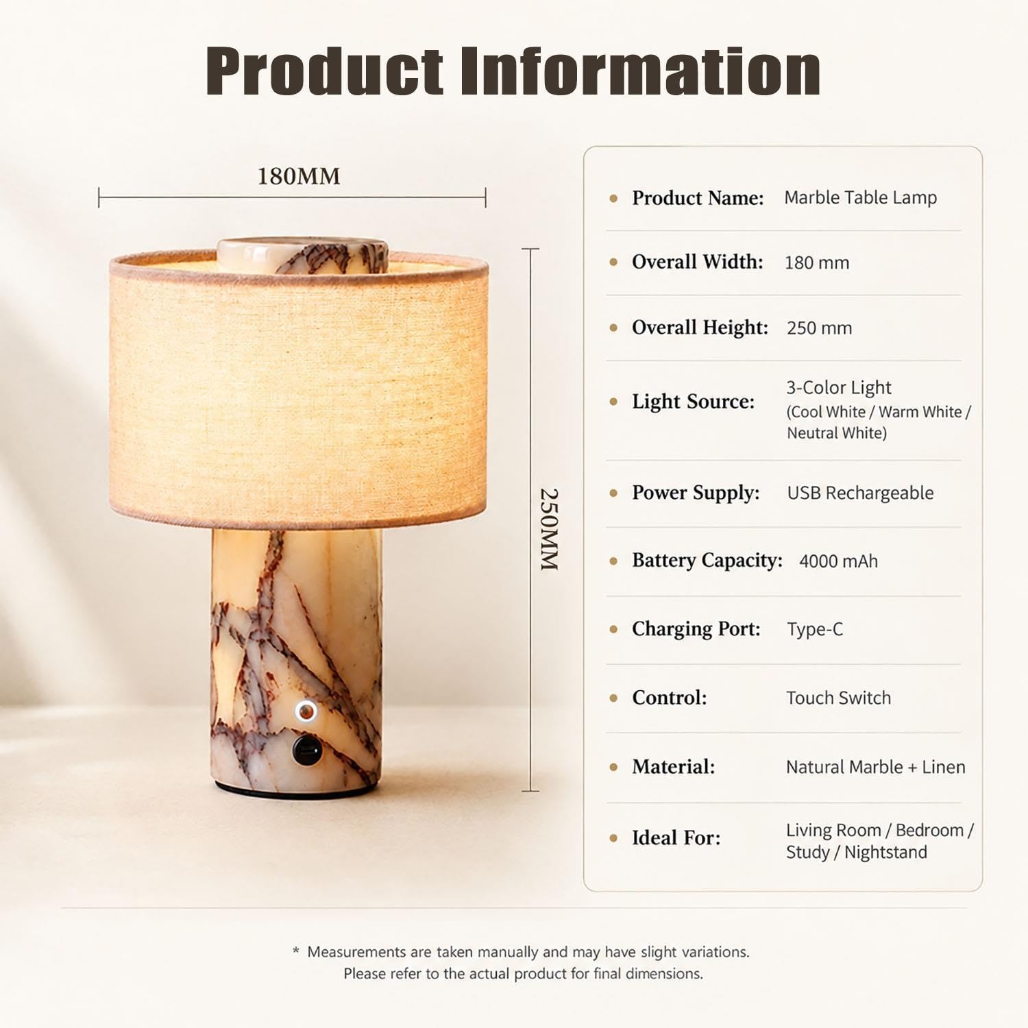 Lampada da tavolo in marmo con lampada d'ambiente con venature naturali