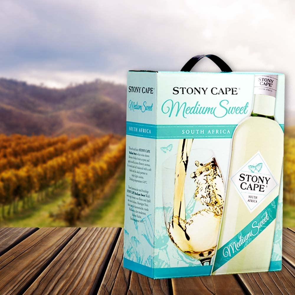 Stony Cape Medium Sweet Weiß, lieblich, Bag-in-Box, sortenreines Weinpaket + VINOX Winecards (4x3,0l)