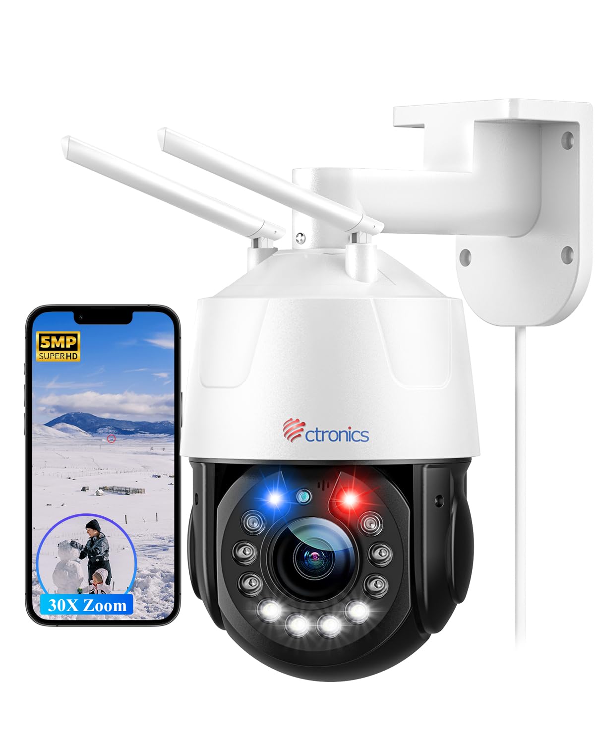 Ctronics 5MP 30X Cámara Vigilancia WiFi Exterior Visión Nocturna HD de 150M | Cámara de Seguridad PTZ Detección Humana, Seguimiento Automático, Alarma Audible, IP66 Impermeable (Blanco)