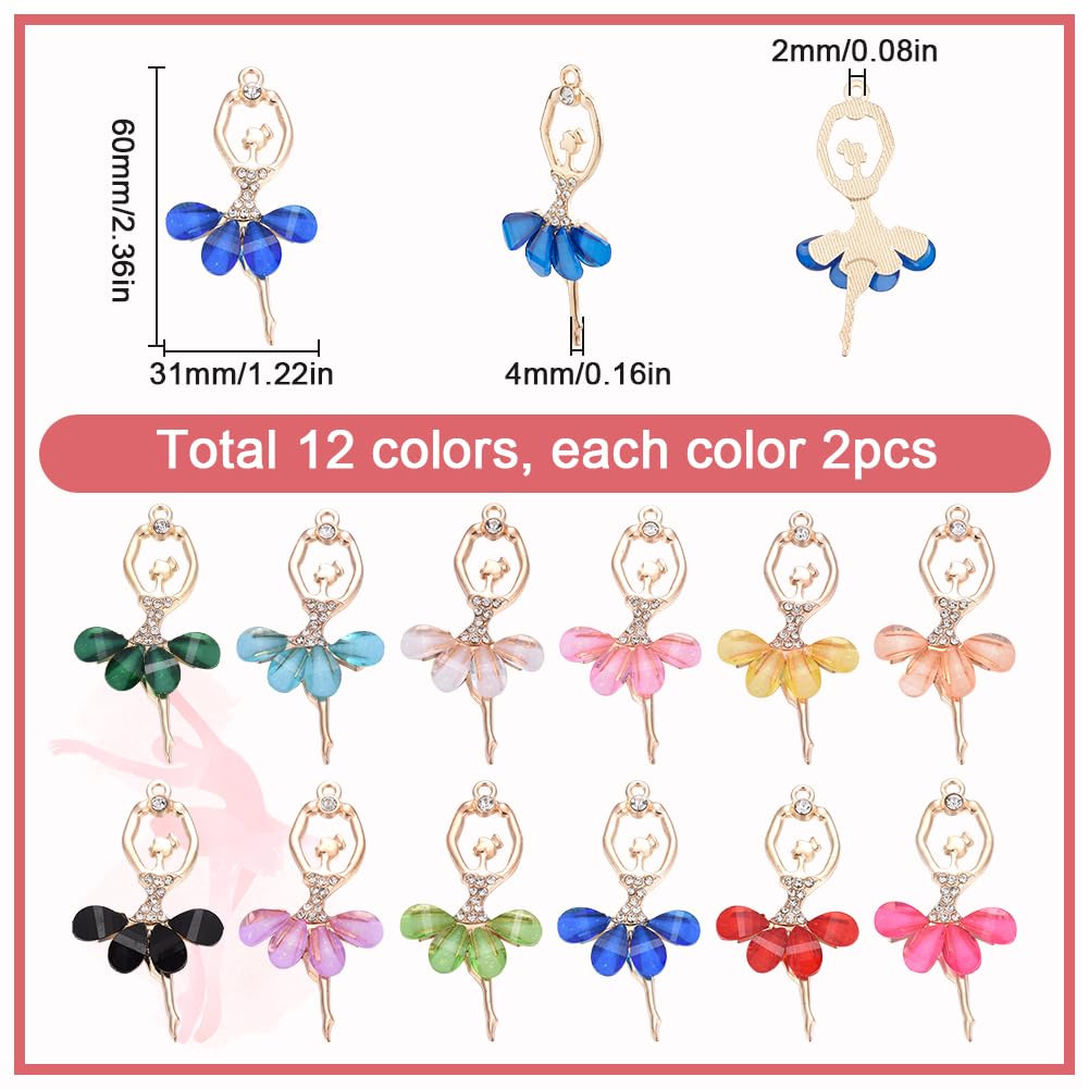 SUNNYCLUE 1 Box 24Pcs 12 Colors Ballerina Charm Dancing Charms Bulk Colorful Metal Alloy Resin Ballet Dance Dancers Crystal Dangle Charm for Jewellery Making Charms Earrings Necklace Crafts Supplies - Image 2