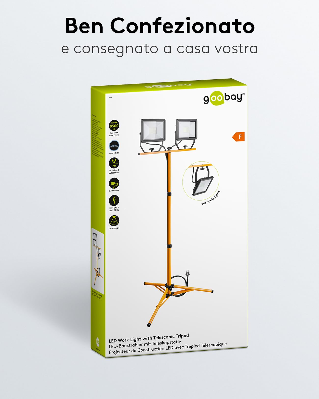 goobay 49984 Faretto LED da Cantiere telescopico, Doppia Testa, per Interni ed Esterni, treppiedi in Metallo, Luce Bianca Fredda, Giallo, 2x 50W