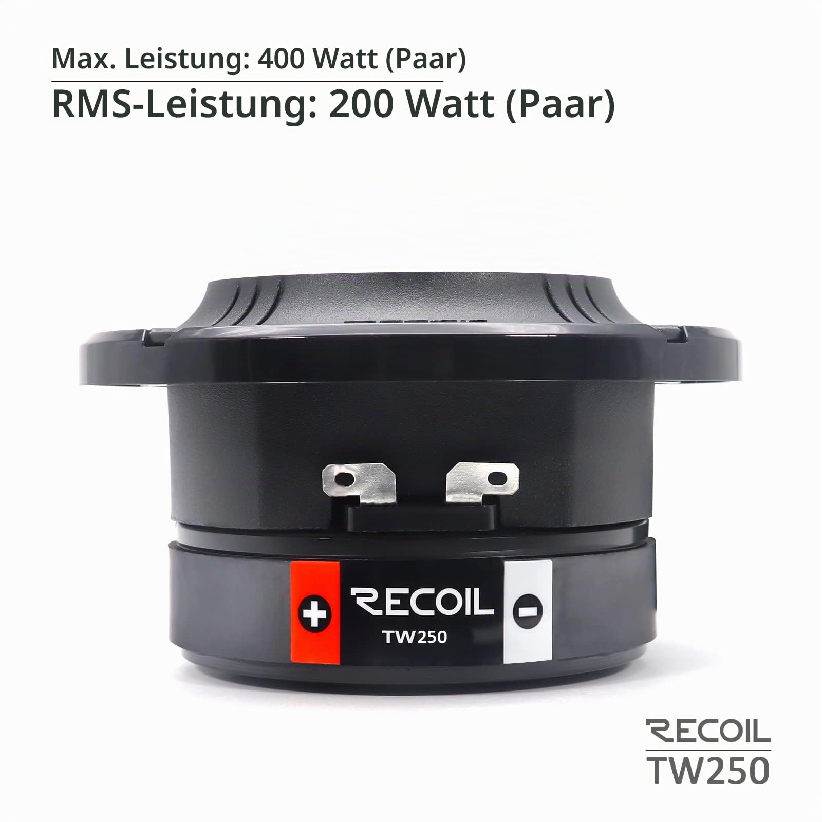 RECOIL TW250 96mm Hochkompressions-Hochtöner (Tweeter) für Auto - 1" Kapton-Schwingspule, Alu-Rahmen & Membran - 400W Max / 200W RMS, 4 Ohm