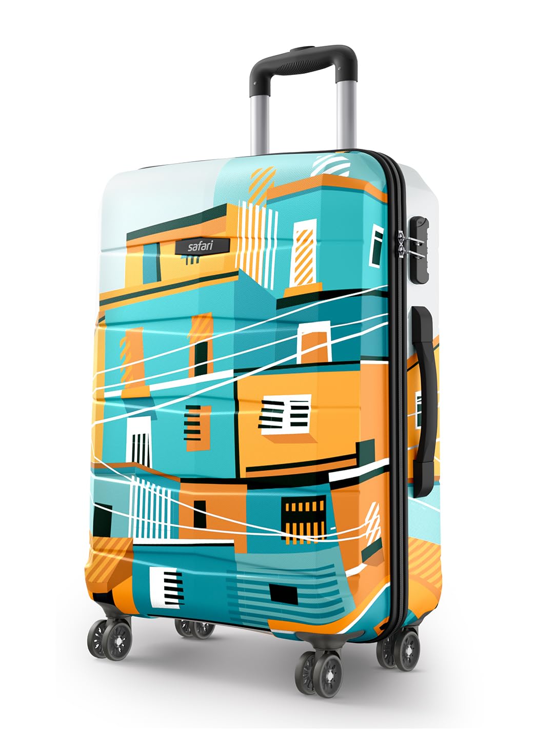 Safari Oasis Polycarbonate Trolley Bag Large Size, 77 cms Printed Hard Side Travel Bag for Men and Women, 8 Wheel Spinner Luggage Suitcase for Travelling (Multicolor)