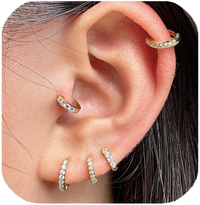 925 Sterling Silver Small Gold Hoop Earrings for Women Men,14K Gold Plated Cubic Zirconia Huggie Hoop Earrings for Cartilage, Helix, Tragus, Dainty Lightweight Hypoallergenic Earrings