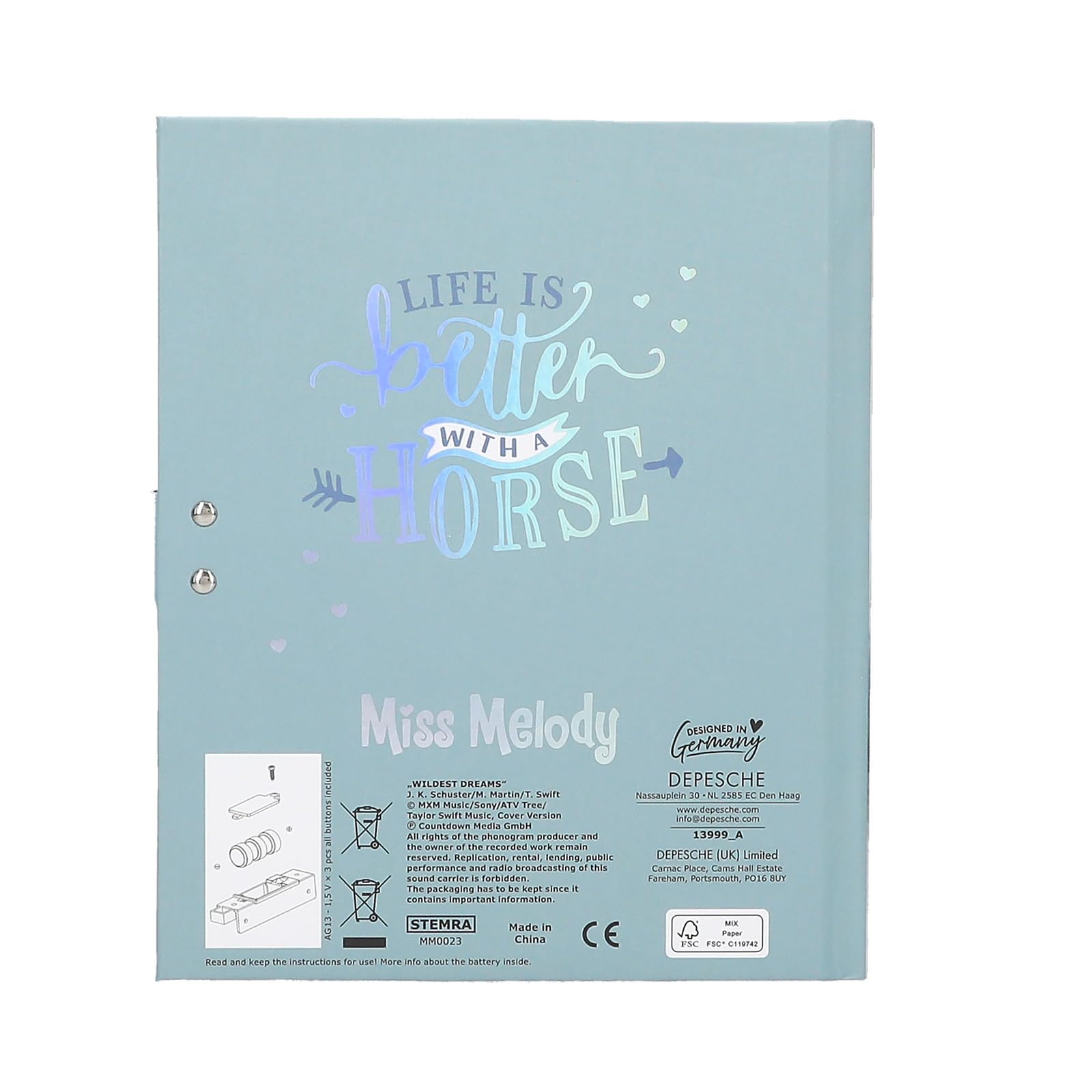 Depesche 13999 Miss Melody - Agenda con codice numerico e Suono, in tenui tonalità Blu, con Motivo di Cavalli e Fiori, Incluse 80 Pagine Finemente Foderate e illustrate a Colori
