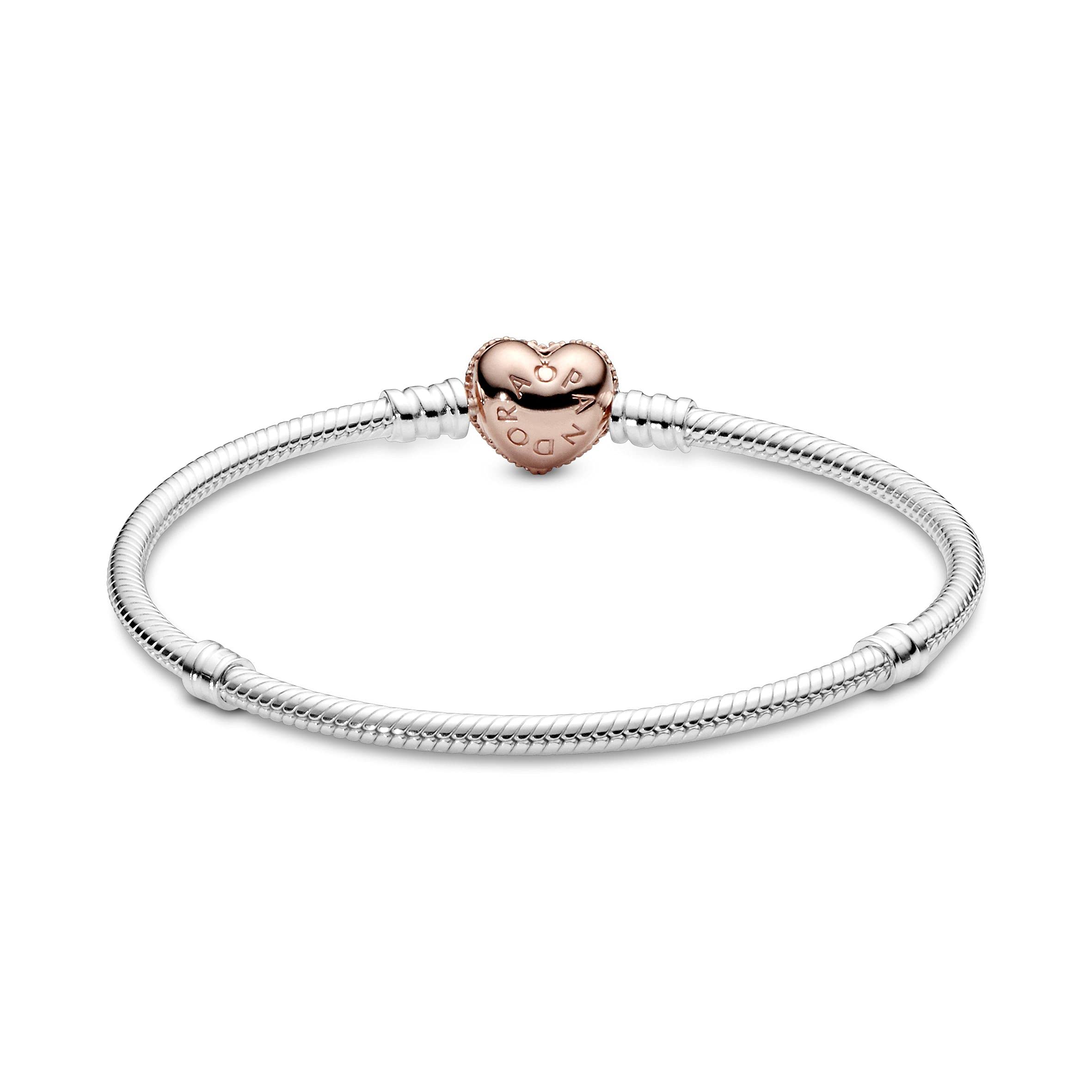 Pandora Moments 590727CZ bransoletka z ogniwami węża, z zapięciem w kształcie serca, ze srebra wysokiej próby, z cyrkoniami, kompatybilna z bransoletkami Pandora Moments, Srebro szterlingowe