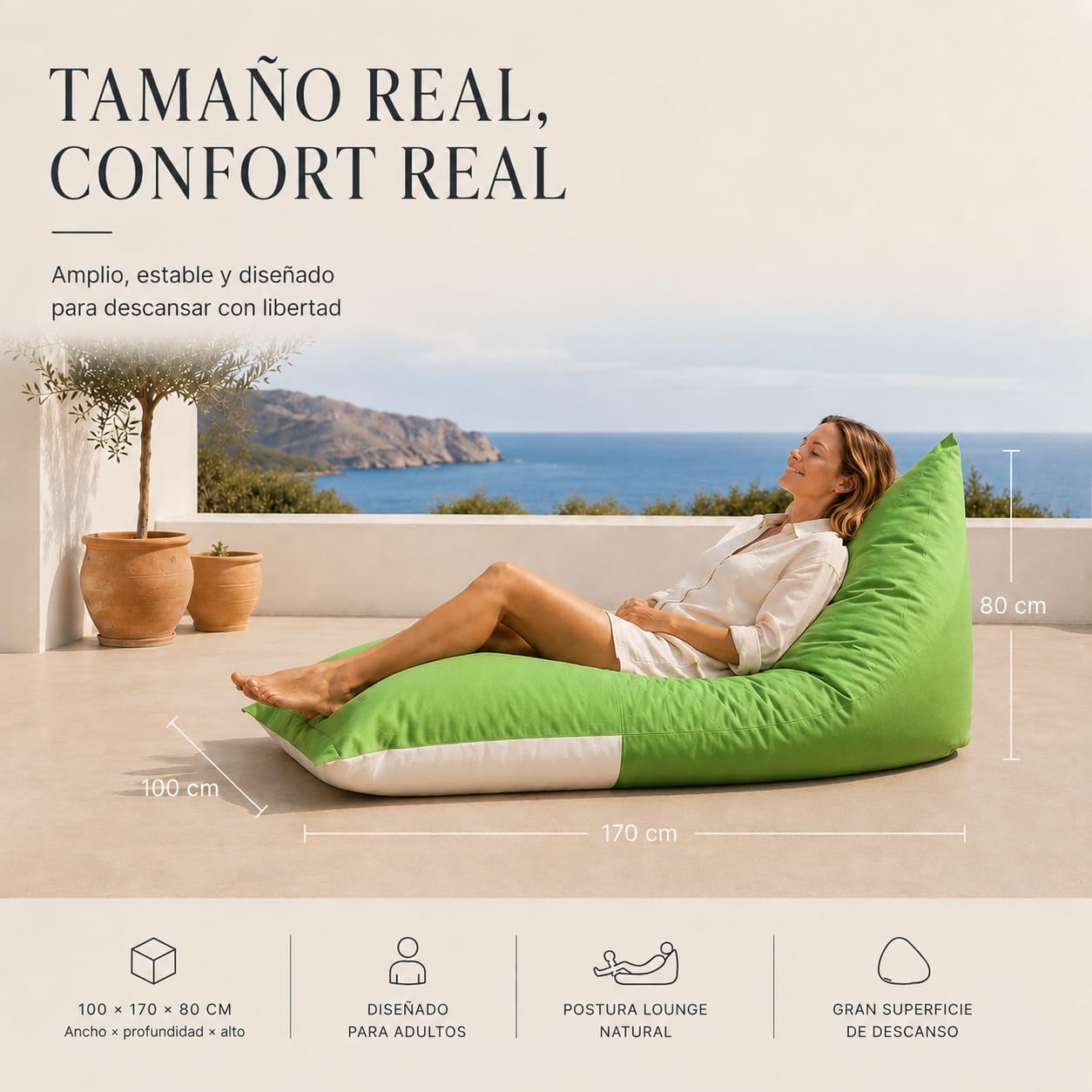 Aiire Puff Exterior Jardín XXL - Sillón Puf con Relleno Incluido para Piscina, Terraza o Porche - Funda Resistente, Desenfundable y Lavable - Tumbona Exterior Puff Gigante XXL