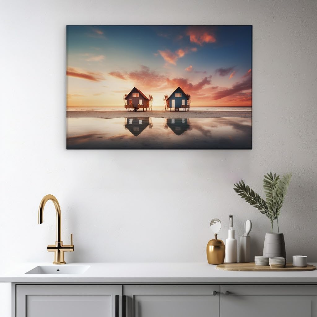 Canvas for Living room. Serenity at Sunset: Beachfront Bliss Unveiled in Twilight Hues, 27 x 18 inch Canvas Wall Art - Contemporary Masterpieces - Modern Home Decor