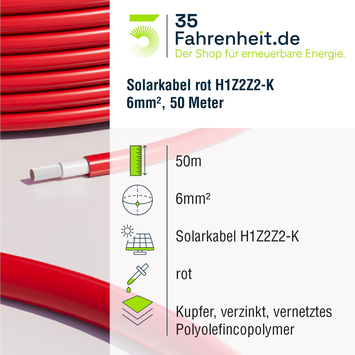35Fahrenheit H1Z2Z2-K - Cable solar (6 mm², 50 m, cable fotovoltaico resistente a los rayos UV, resistente a los rayos UV y a la intemperie, para sistemas solares fotovoltaicos fotovoltaicos)