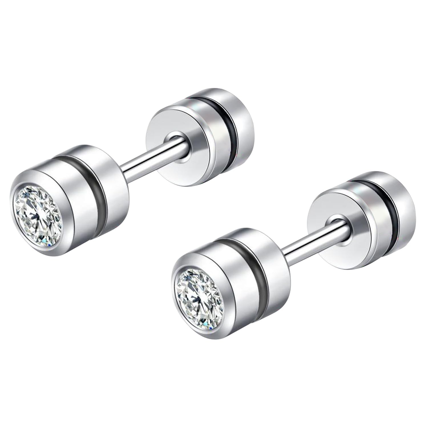 Silver Plated 316L Stainless Steel Cubic Zirconia Studded Stud Earrings Jewellery Gift for Boys & Men (1 Pair)