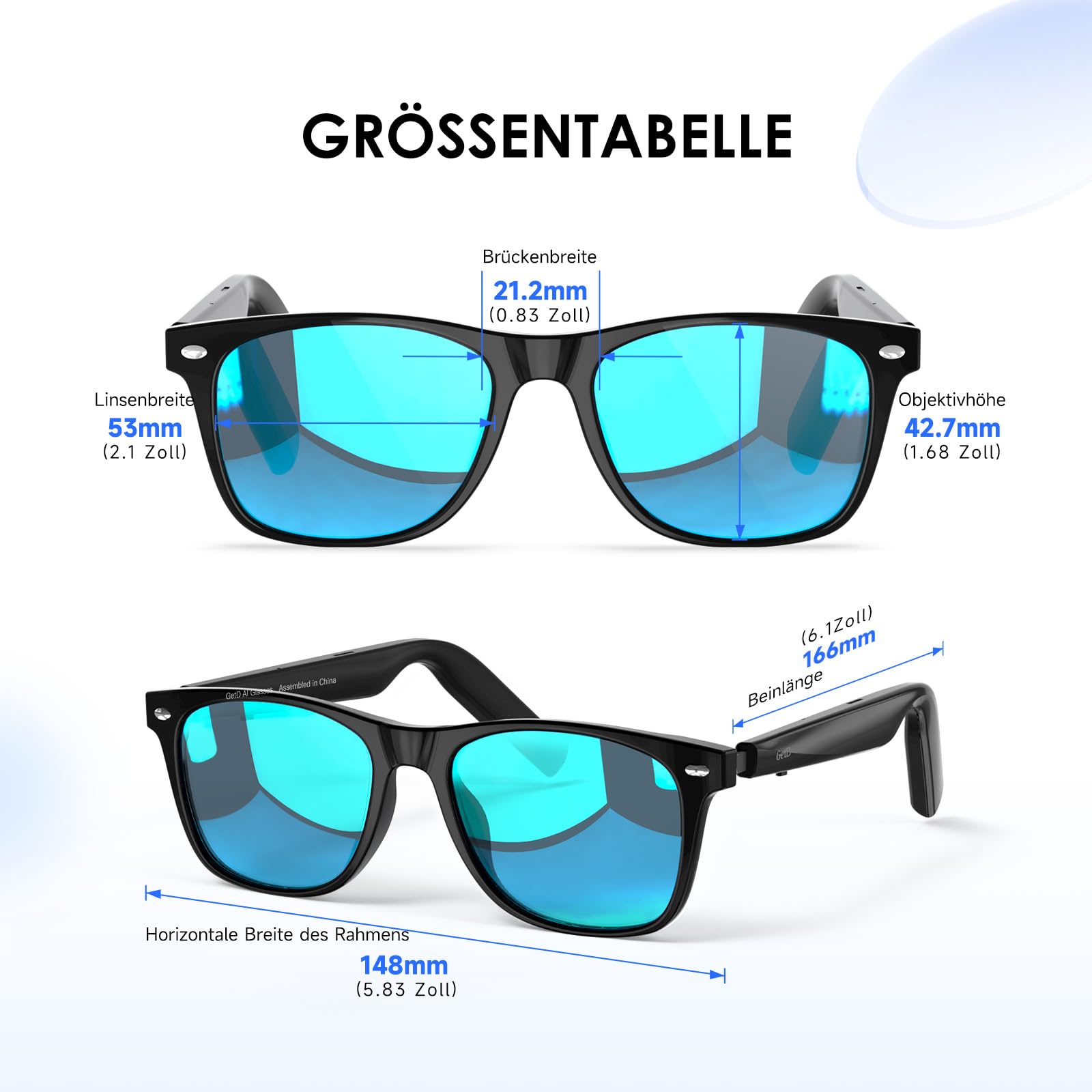 GetD Gafas Inteligentes con IA con tecnología de ChatGPT. Traducción en Tiempo Real con 145 Idiomas y 11 Horas de música. Gafas de Sol Bluetooth con Lentes polarizadas y protección UV
