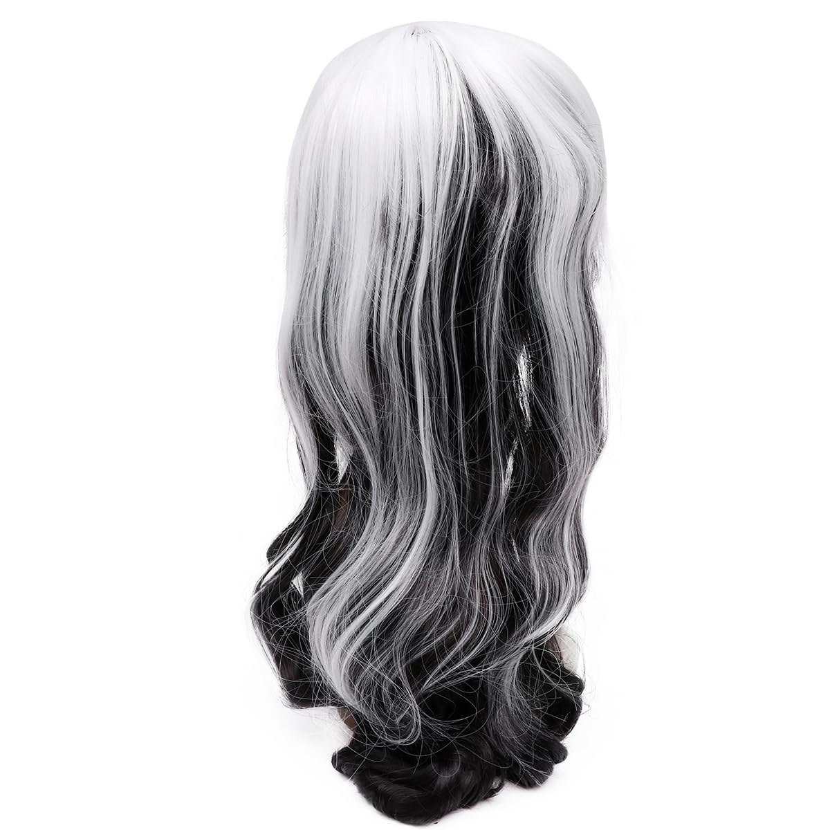 FRCOLOR Halloween Women Long Curly Black White Wig Half and Half Cosplay Party Synthetic Hairpiece 18 Inch Durable Soft Costume Accessory