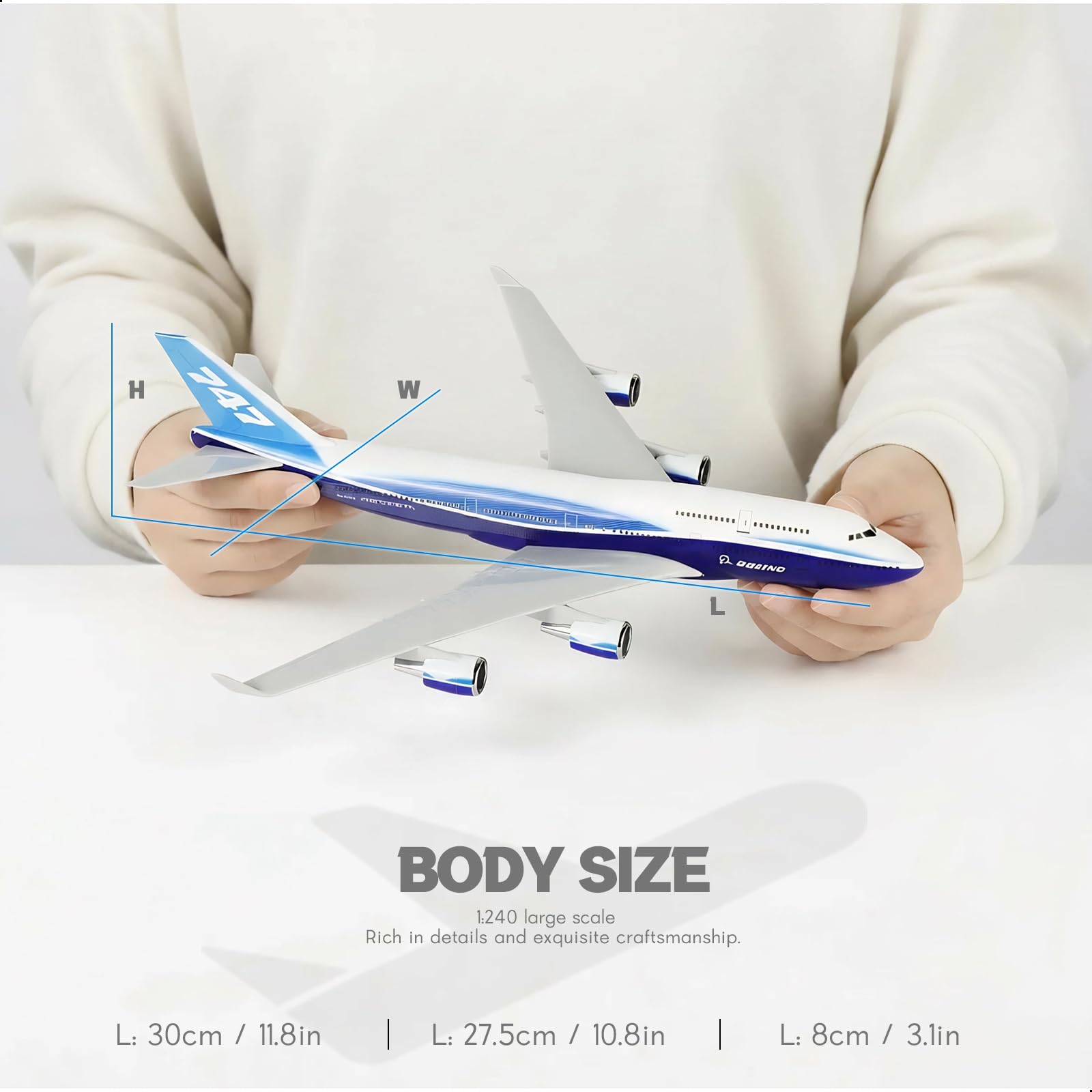 1/240 747 - Kit de prototipos de 30 cm para modelos de avión Boeing 747 de resina con soporte de exhibición. Ideal como regalo para adultos en cumpleaños, vacaciones