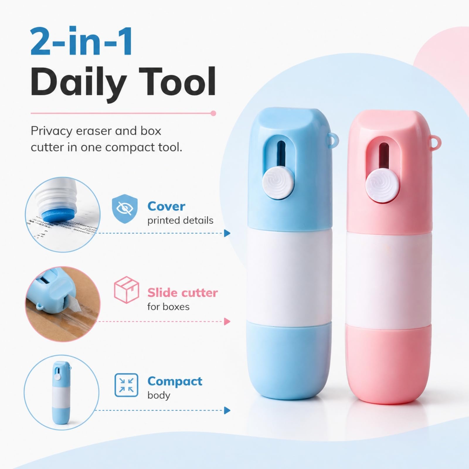 2-In-1 Box Cutter & Thermal Paper Eraser, Water-Based Thermal Paper Eraser Pen, 2 In 1 Privacy Wipe Box Cutter for Parcel Labels, Privacy Protection (Blue)