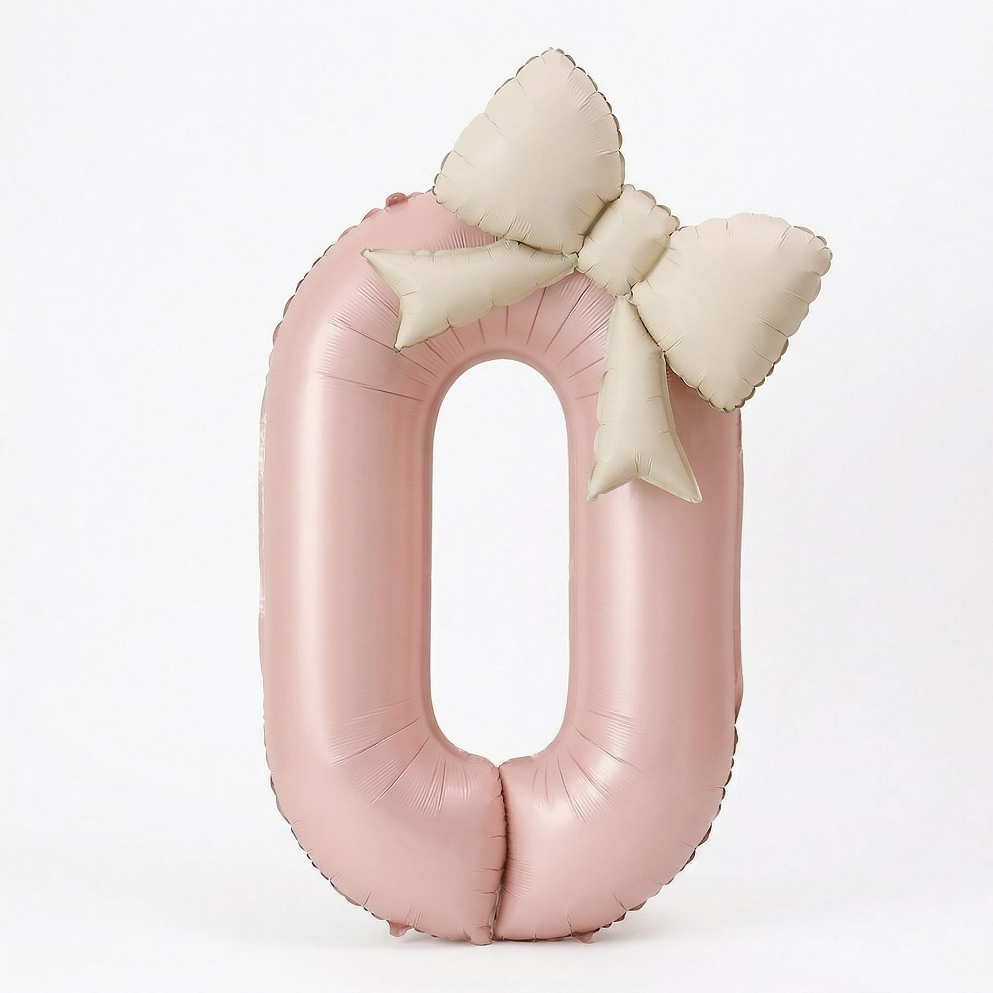 Number 0 Balloon, 40 Inch Pink Foil Number Balloon with 21 Inch Beige Bow Balloon and Glue Dots, Giant Birthday Number Balloons for Girls' Party Decorations