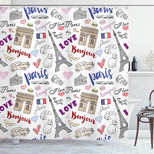 Ambesonne Eiffel Tower Shower Curtain, Classic Triumf Arch Fashion Shoes and Gloves Traditional Food Cheese Bread Keys Cat Cartoon, Cloth Fabric Bathroom Set with Hooks, 69 Ambesonne Eiffel Tower Shower Curtain, Classic Triumf Arch Fashion Shoes and Gloves Traditional Food Cheese Bread Keys Cat Cartoon, Cloth Fabric Bathroom Set with Hooks, 69