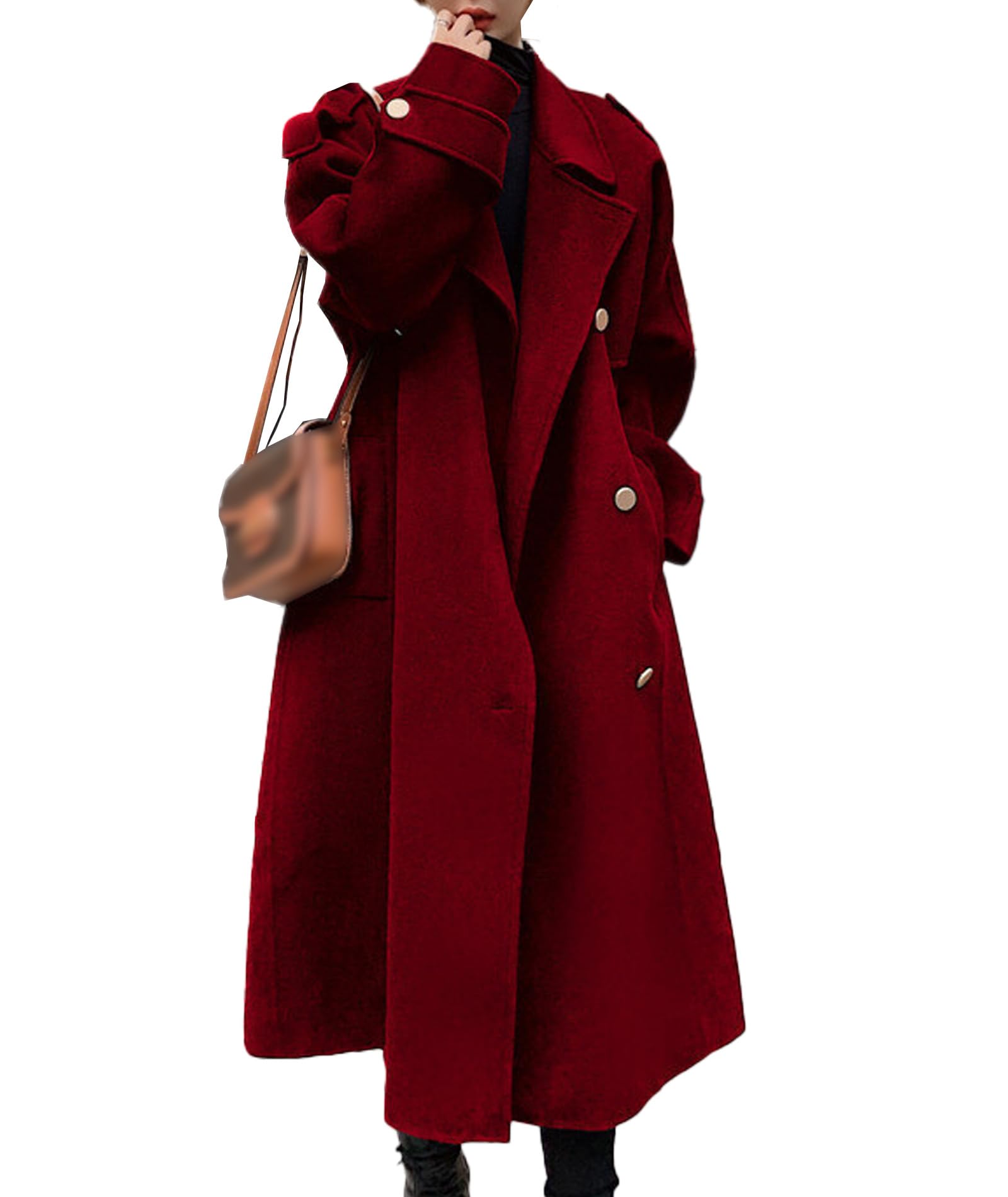 sematomala Women's Winter Double Breasted Midi Long Wool Blend Pea Coat Notched Lapel Oversized Trench Coat-picture-30