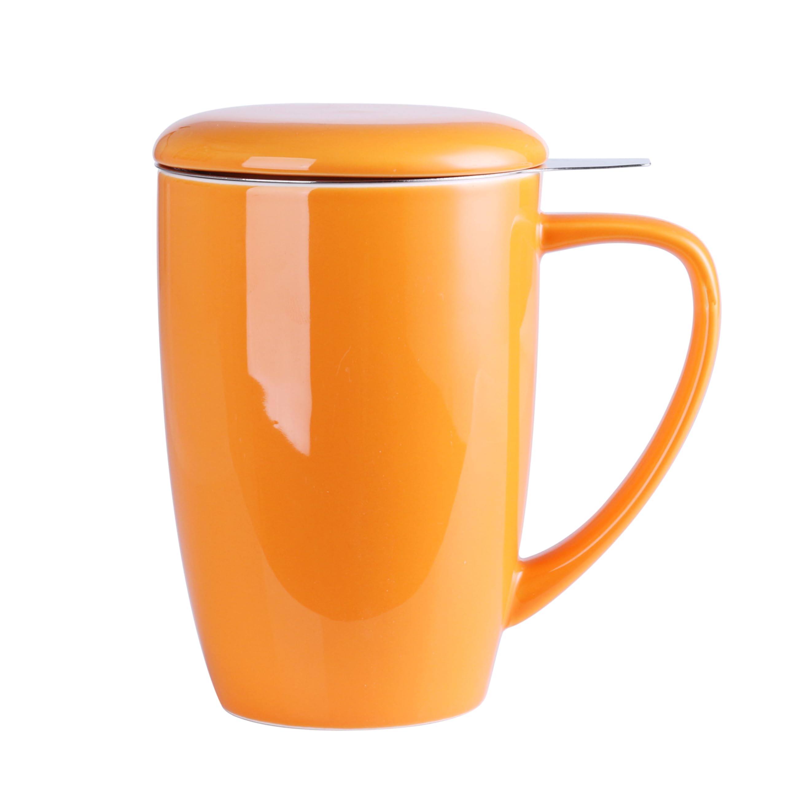 Lovecasa Orange Tea Cup With Infuser In Porcelain, Large Mug, Tea Pot With Stainless Steel Filter, 450 Ml Cup With Lid