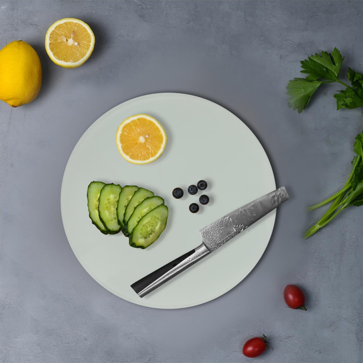 TIDTALEO Planche à Découper Résistante la Chaleur Antidérapante en Verre Trempé Ronde Blanc Facile à Nettoyer Cuisine à Domicile et Usage Commercial