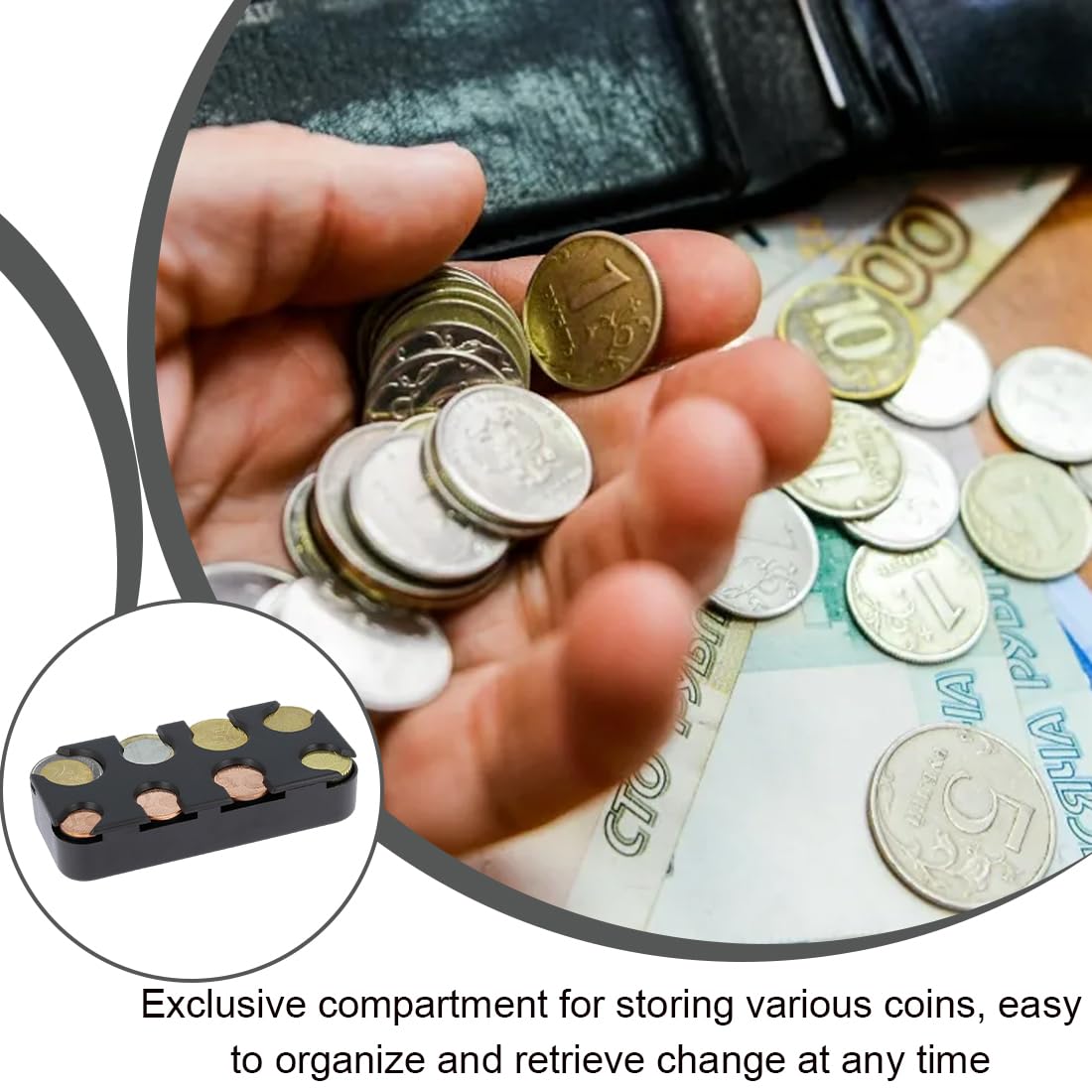 WUSJCOF 1 unidad Monedero organizador Euro Portamonedas Clasificador de monedas Dispensador de monedas Caja para coche, taxi 8 compartimentos de 2 euros a 1 céntimo (Negro)