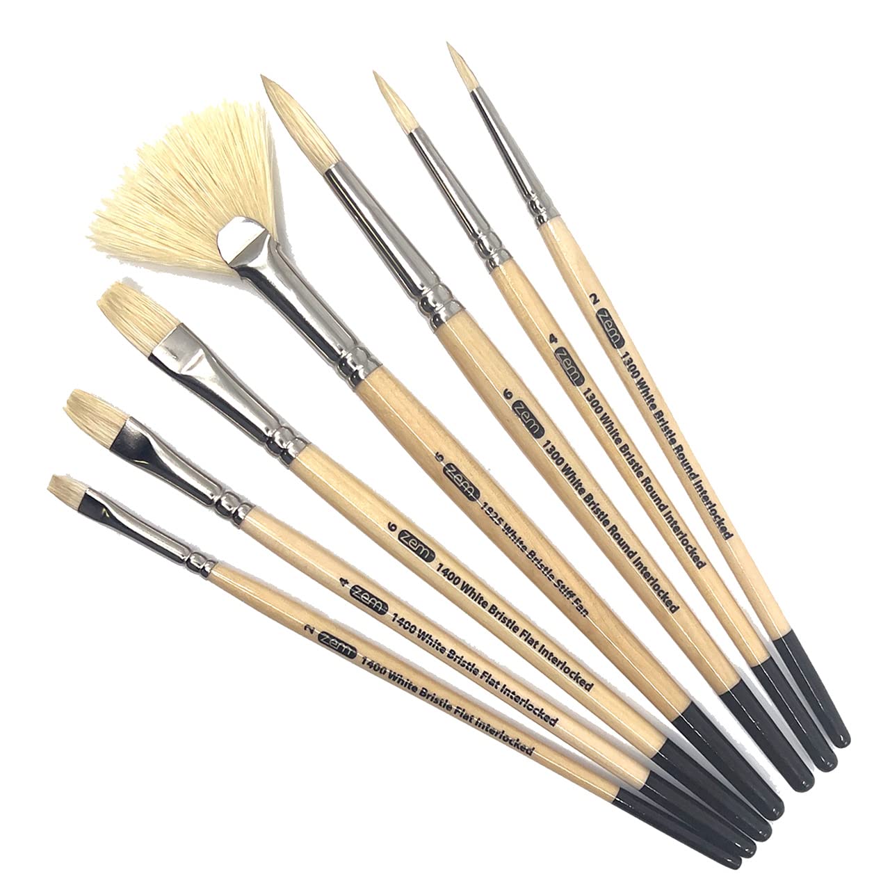 ZEM Künstlerpinsel-Set, ineinandergreifende weiße Schweineborsten, rund, 2, 4, 6 und flache 2, 4, 6 und steifer Fächer 6