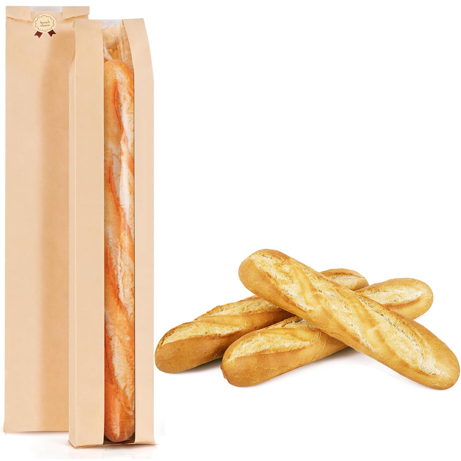 Paquete de 50 bolsas de baguette para pan casero con calcomanías, bolsas de pan de papel kraft reutilizables, bolsas largas de papel de masa madre con ventana frontal transparente