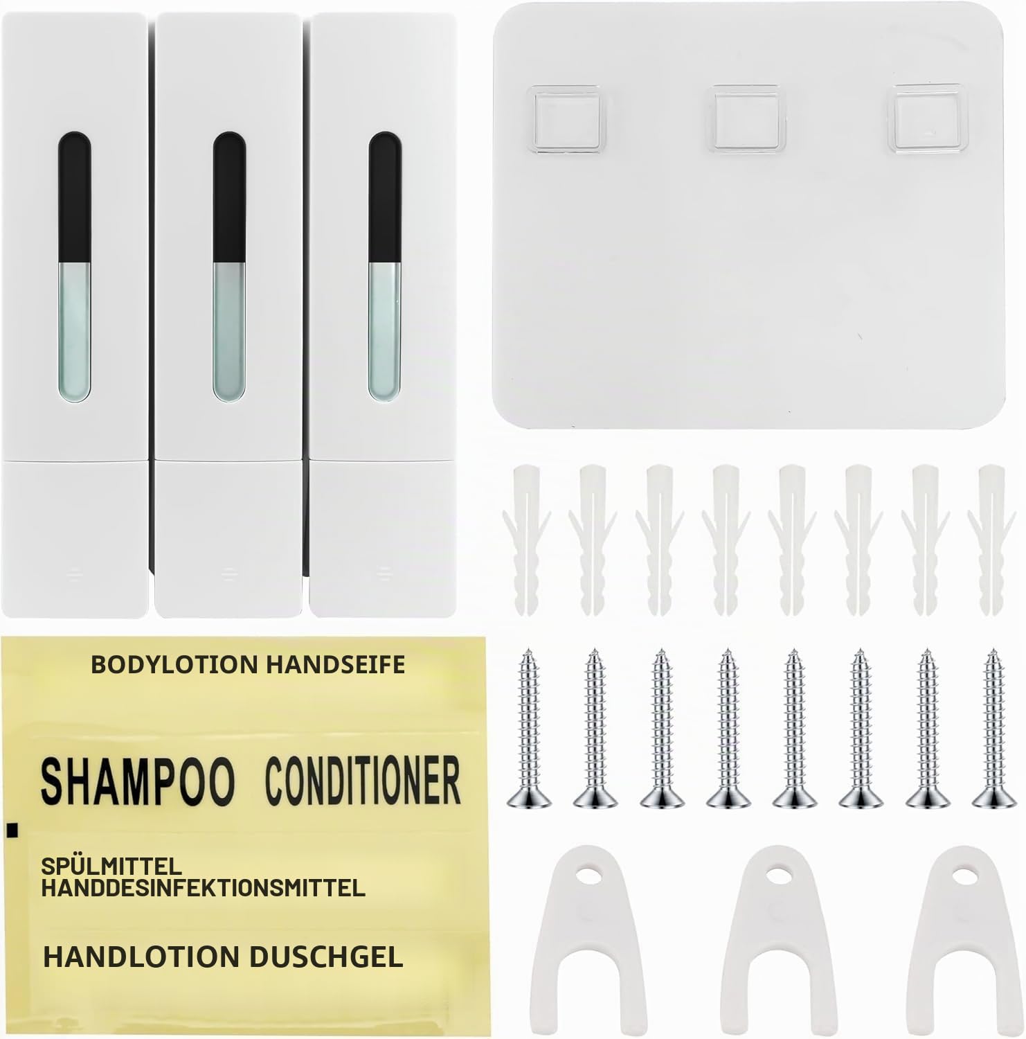 Seifenspender Bad Ohne Bohren, 3-Kammer Duschspender Wandmontiert | 400ml Shampoo Spender Klebefrei, Wasserdichter Bad Spender für Dusche, Hotel & Haushalt