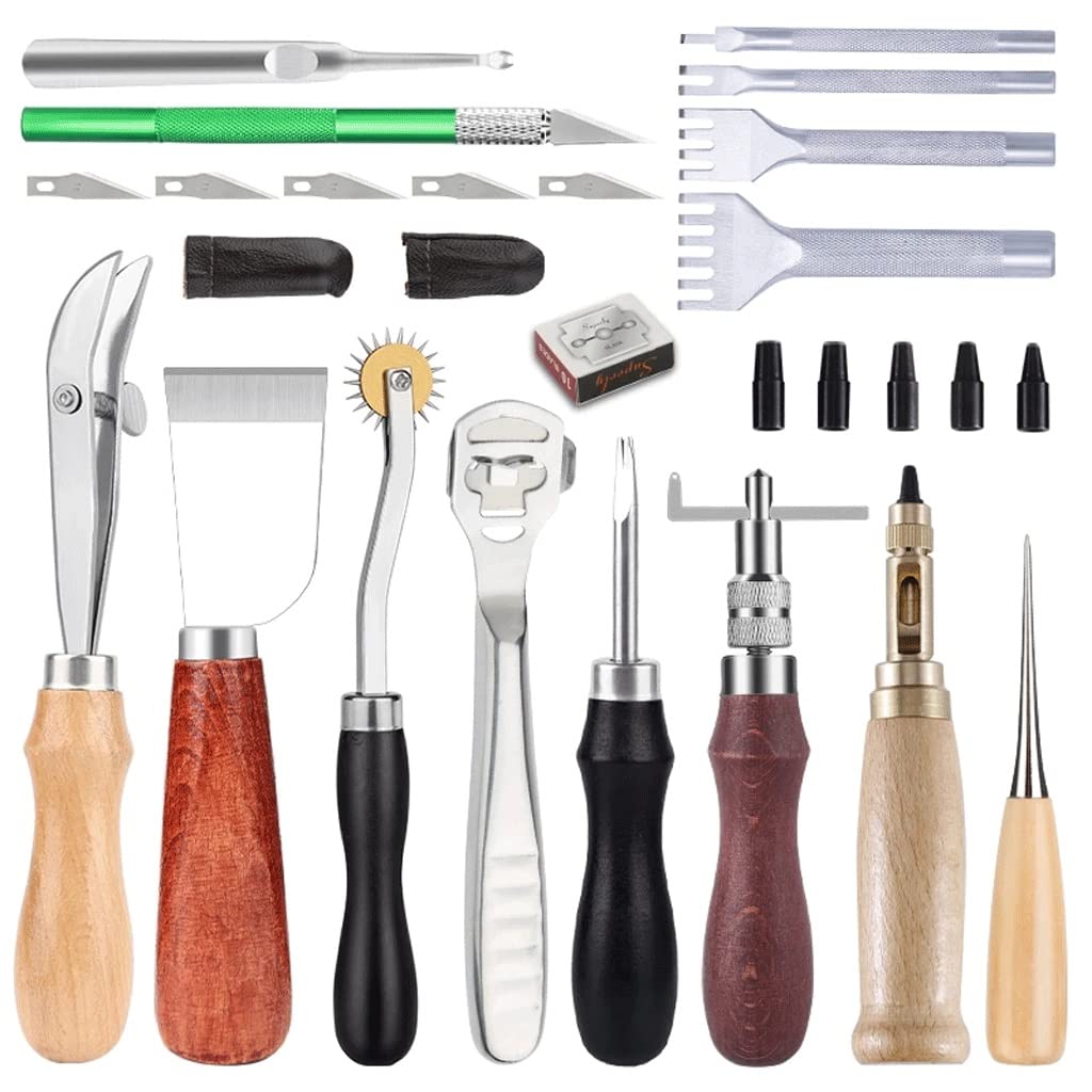 Set di Strumenti Professionali per Artigianato in Pelle da 32 Pezzi, per Cucire A Mano, per Cucire, Intagliare, Accessori per Pelletteria