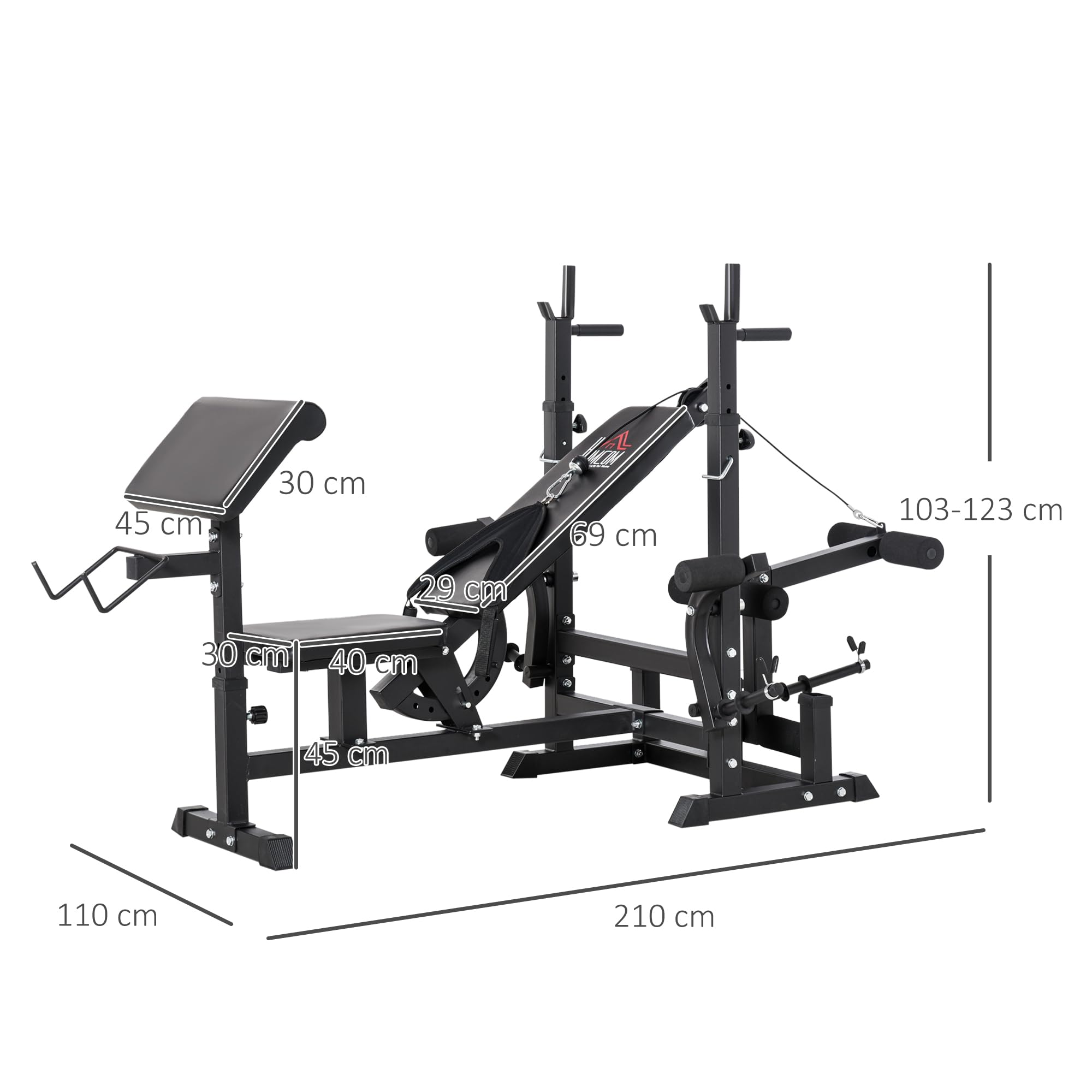 HOMCOM Panca da Palestra con Supporto per Bilanciere e Schienale Regolabile, Panca Pesi con Leg Extension e Leg Curl, Rack per Bilancieri, per Casa Palestra, Nero