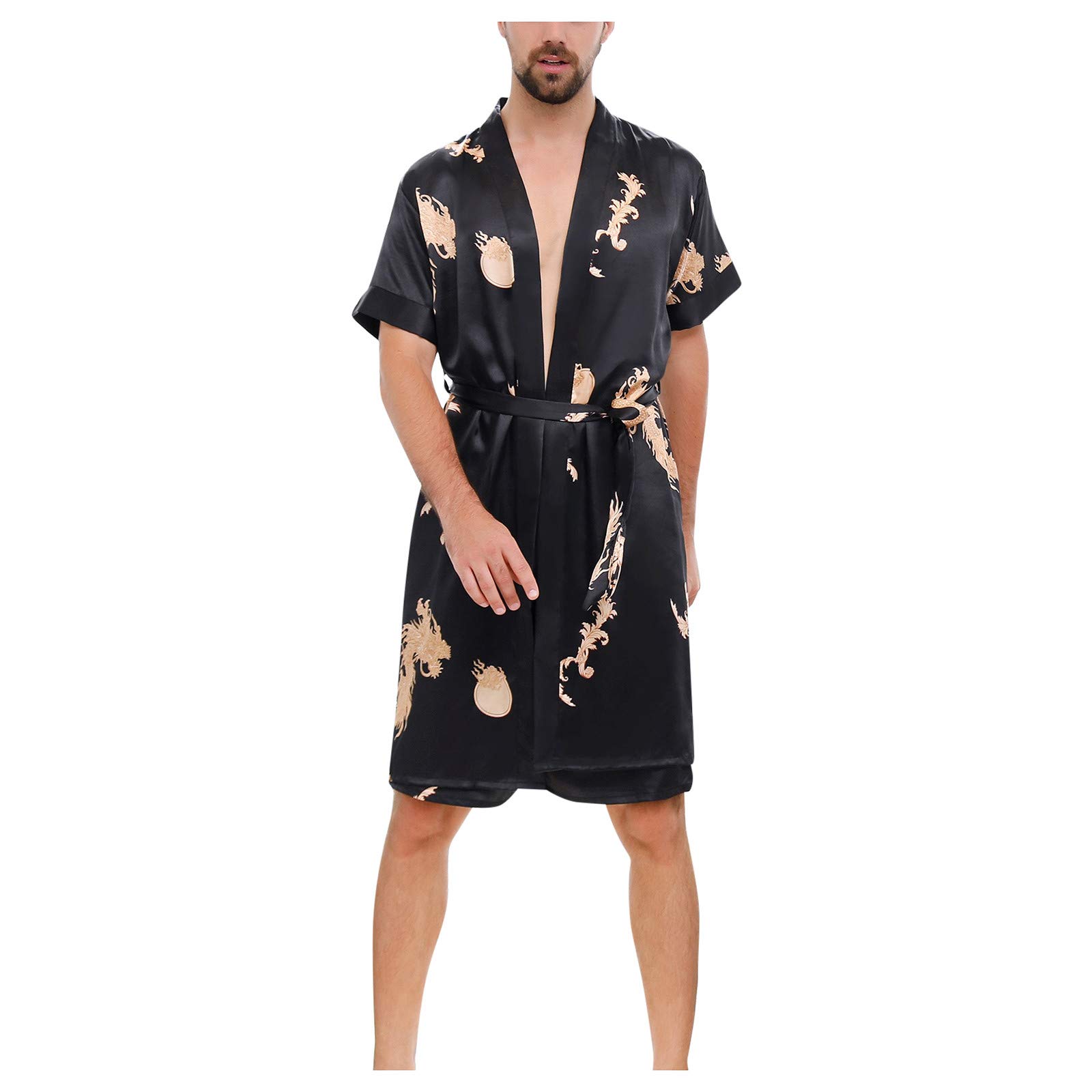 Badjas heren licht dun - zomer ochtendjas heren satijn korte badjas kimono robe lange mouwen badjas pyjama nachtkleding satijnen nachthemd huisjas - geschenken voor mannen, zwart, L
