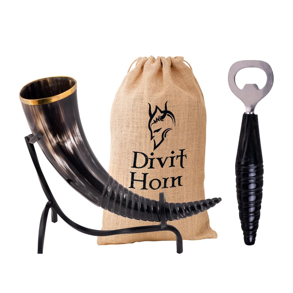 cuerno auténtico de cerveza vikingo con soporte de hierro | Cuerno de Cerveza Medieval de 450-500 ml | Bolsa de regalo de tela incluida (Swirl Horn & Swirl Horn Opener)