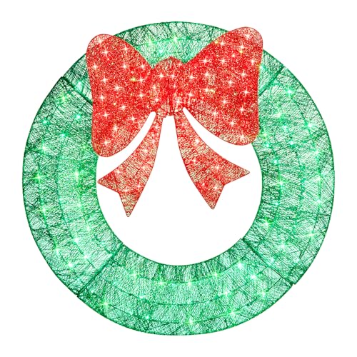 Brightown 48in Lighted Christmas Wreath Decorations, Outdoor Christmas Wreaths Holiday Decor with Bow Ribbon 125 LED Lights for Front Door, Windows, Xmas Gifts, Home, Lighted Holiday Displays