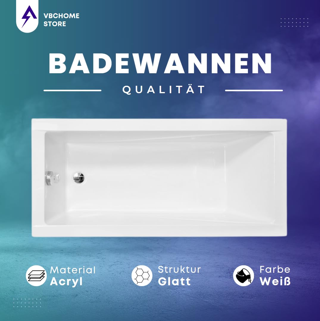VBChome bañera 130x70 cm acrílico SET delantal sifón bañera acrílica rectángulo diseño blanco pies de baño modernos desagüe cromo simplex