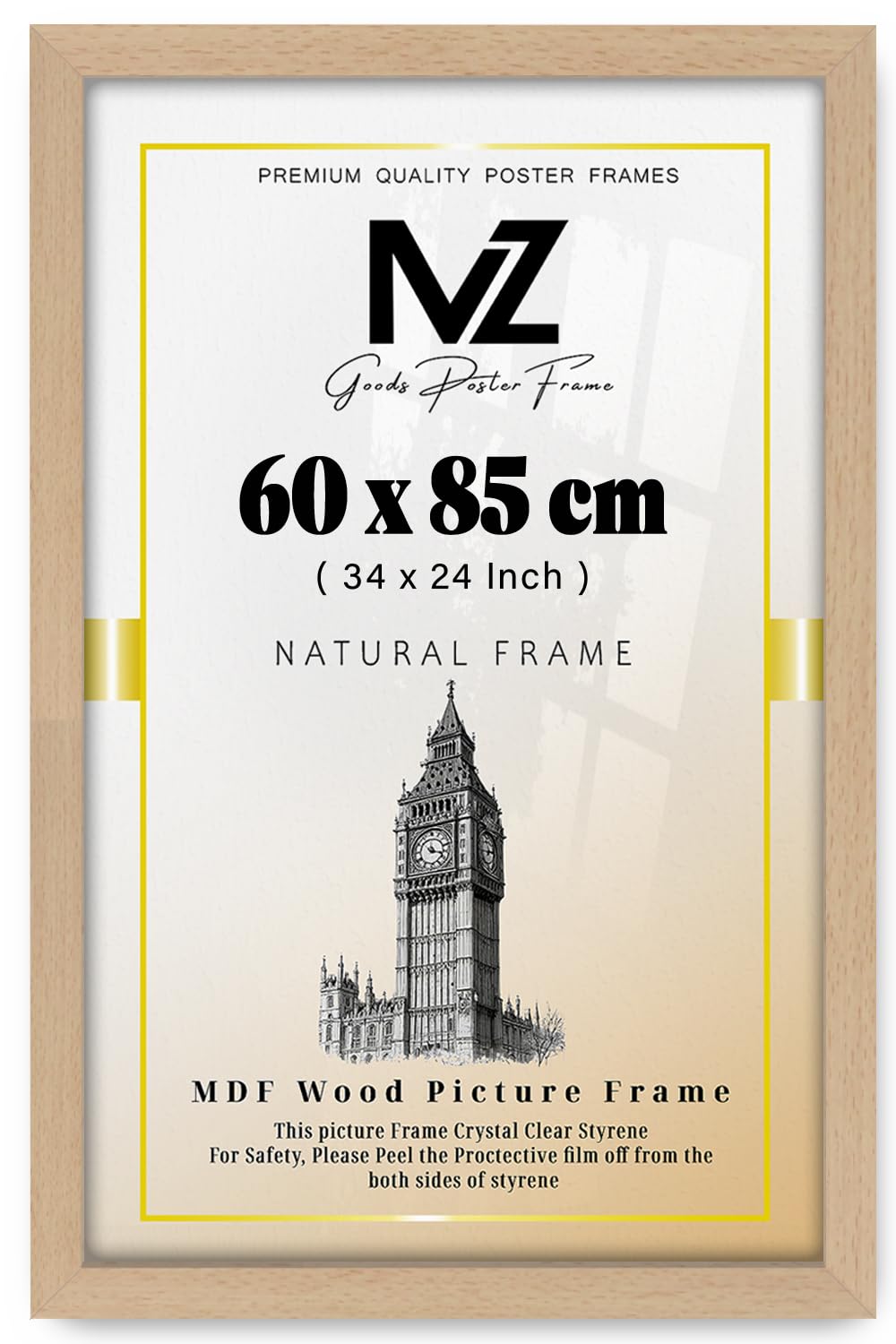 MZ GOODS | MDF Picture Frame (60 x 85 CM) 85 for Art Prints, & Family Travel Photos, Premium MDF Finish, Portrait & Landscape Hanging Hooks [ Beech ]
