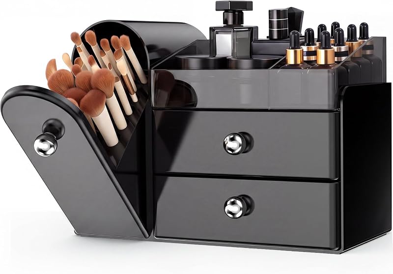 Organizador de maquiagem de bancada TRQWRO com porta-pincéis, preto
