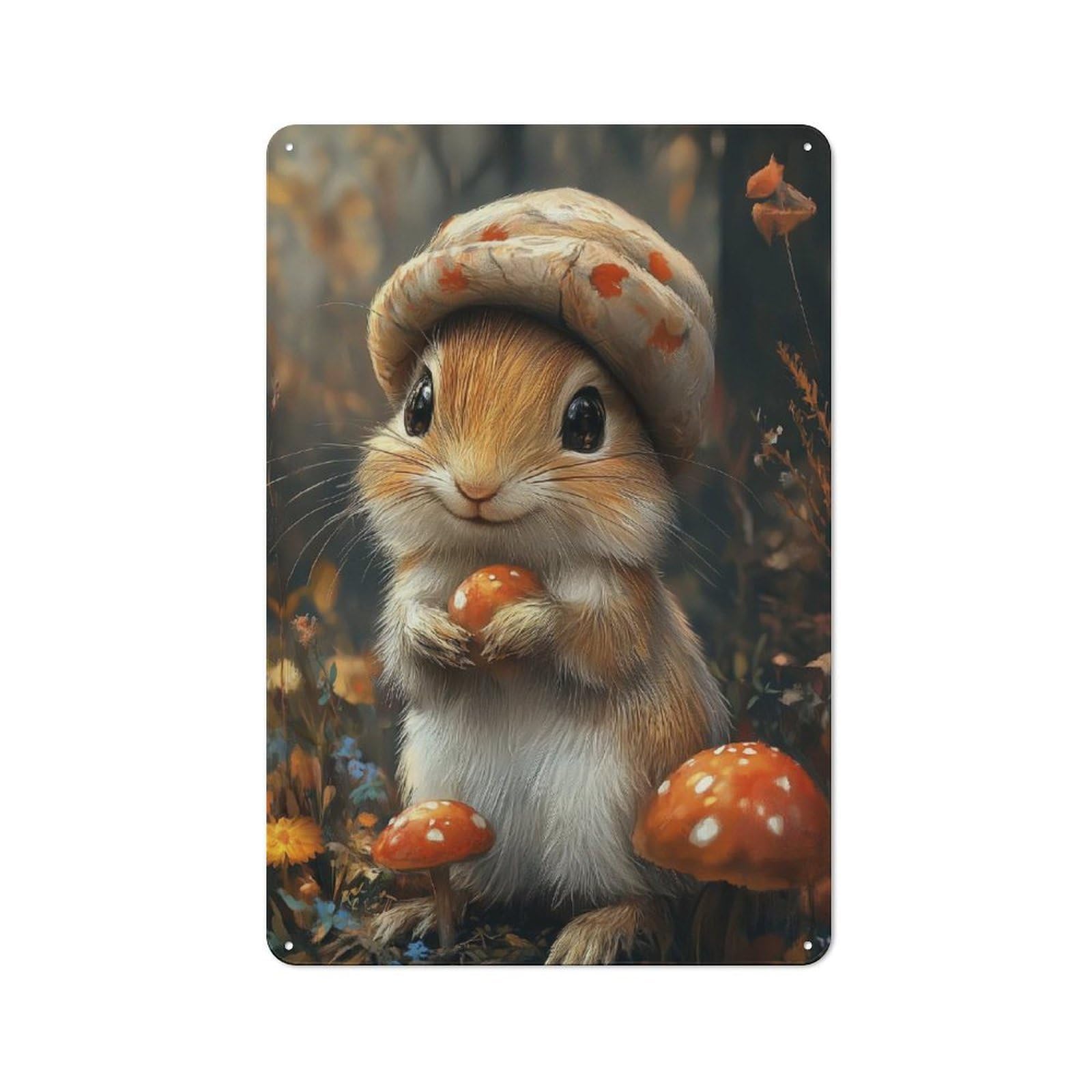 Junmoney Style-18 Cute Squirrel With Mushroom Hat Nostalgic Metal Wall Decor 30X20cm, Vintage Tin Sign For Living Room, Hallway, Kitchen Or Cafe