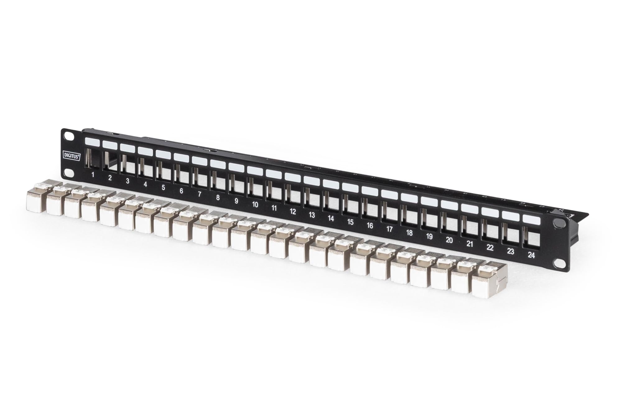 DIGITUS PatchPanel Set – 24 porte – con 24 moduli Keystone DN-93615 – 500 MHz – CAT 6A – Montaggio su rack in armadio di rete da 19 pollici – 1 U – Nero