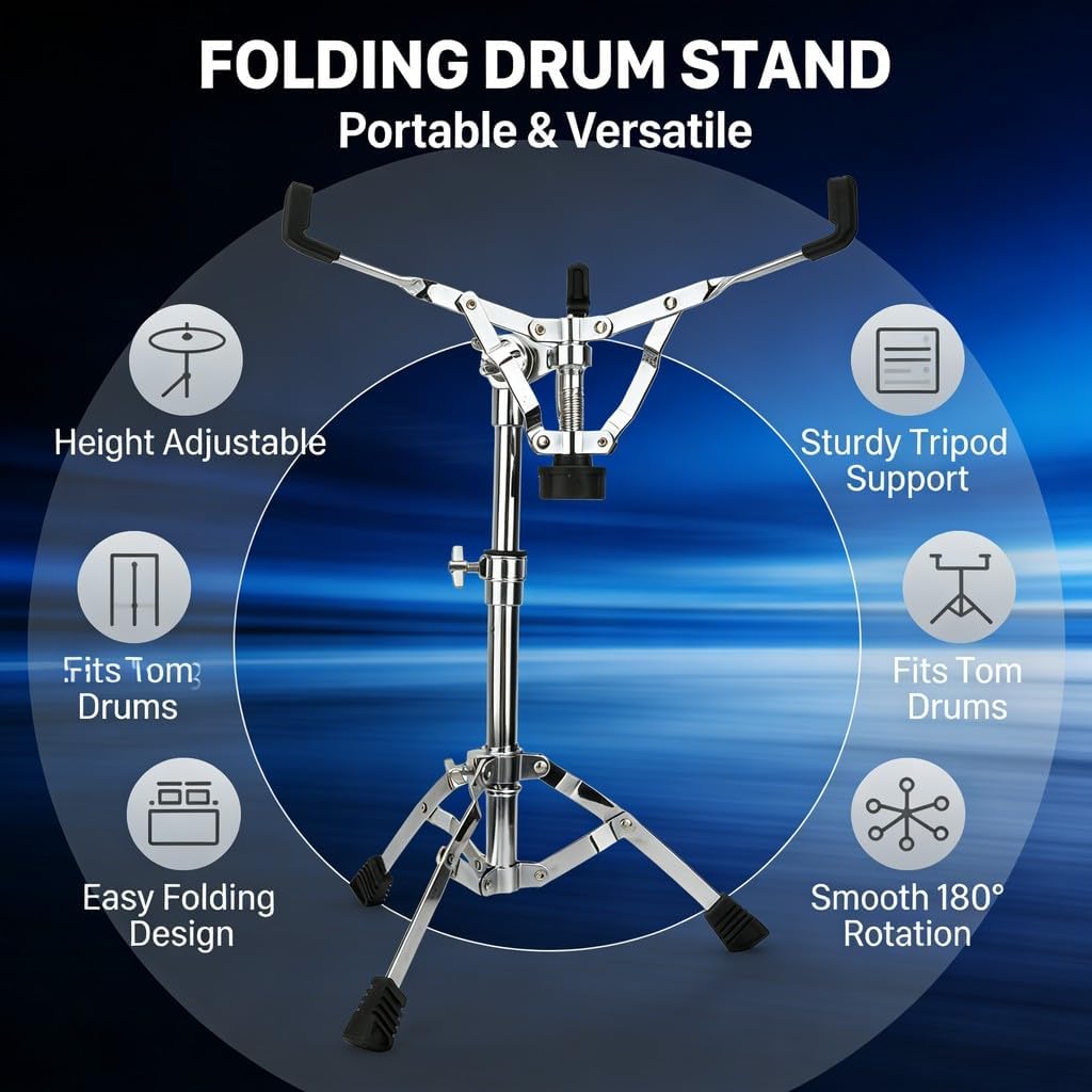 Adjustable Drum Stand Holder, Portable Tripod Drum Support for Snare and Tom Drums, Folding 45 - 70cm Height - Stable Metal Construction, 180 Degree Rotation, Ideal for Practice