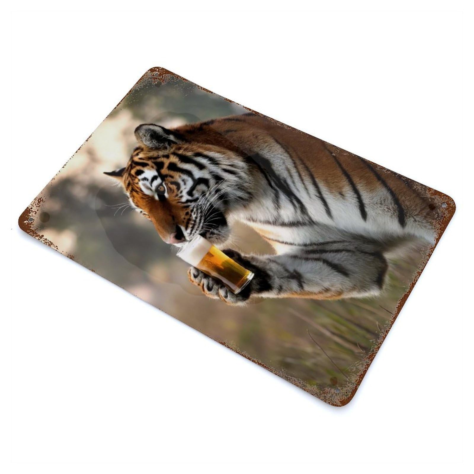 Aged Metal Wall Plaque with Tiger Sipping A Beer Design 11.8"x7.9", for Basement, Hobby Room And Garage Decor, Farmhouse Wall Decor