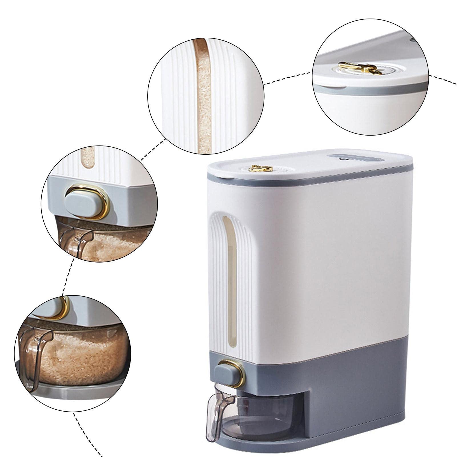 Contenedor de arroz,Dispensador de arroz sellable Contenedor de grano sellado grande Dispensador de alimentos,organización de cocina con indicador de tiempo,taza medidora para cocina,maíz,Gris