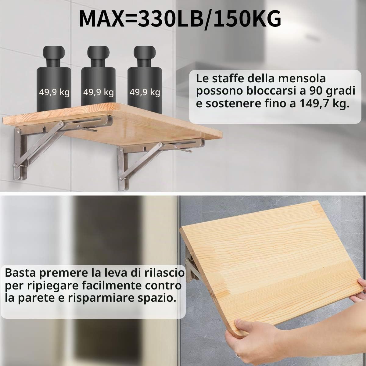 YUMORE Staffe Pieghevoli per Mensole 400mm,YUMORE Reggimensola Pieghevole Inox Supporti per Mensole Pesanti Tavolo da Parete Salvaspazio fai-da-te Staffe Triangolari, Carico Massimo 150kg, [2 Pezzi]