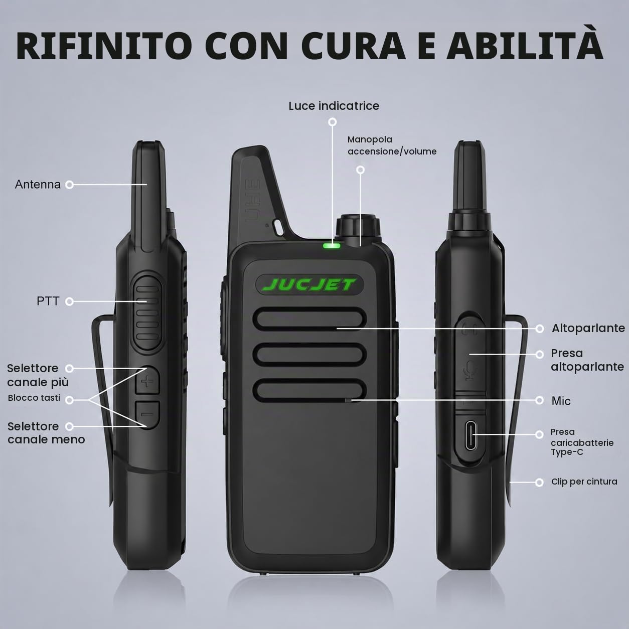 T20 Walkie Talkie PMR446 Ricaricabili con VOX, 4 Pezzi | 16 canali, uso senza licenza, ricaricabili, VOX vivavoce, clip da cintura, hotel, ristoranti, gruppi, piccoli team