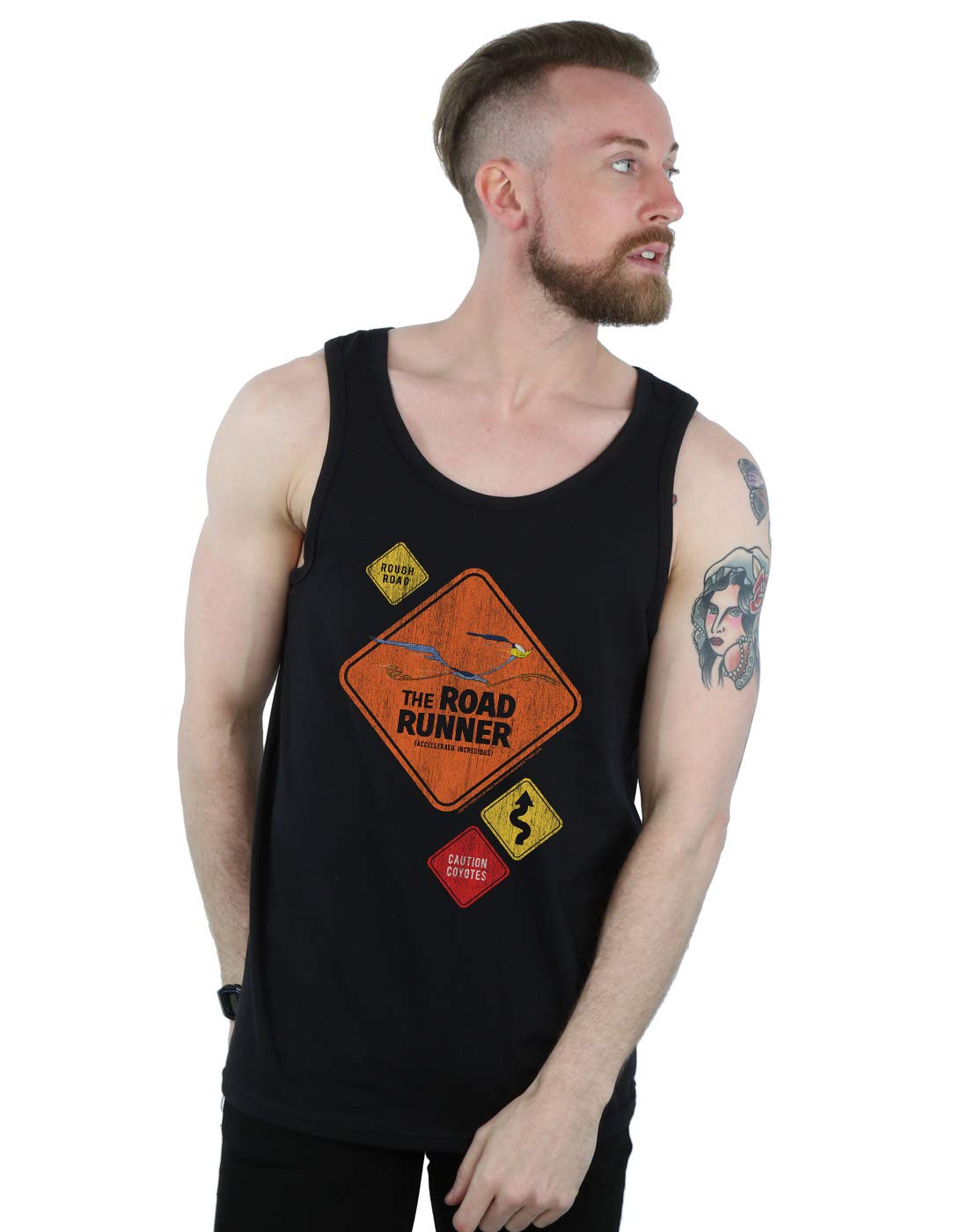 Absolute Cult Men's Black Looney Tunes Road Runner Road Sign Vest Small