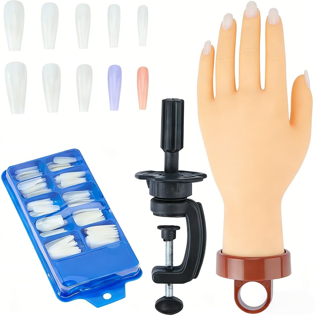 SUPERFINDINGS Mano pratica per unghie acriliche in gomma flessibile per allenamento mani finte con 100 punte trapezoidali in plastica per principianti manicure